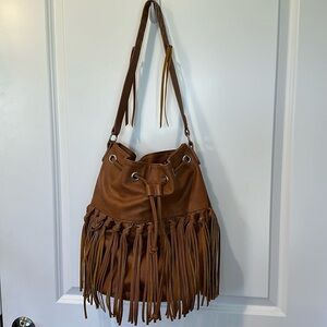 Boston Proper Fringe Brown Tan Shoulder Bucket Bag